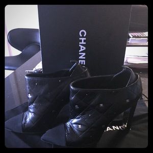 Chanel quilted black leather booties!